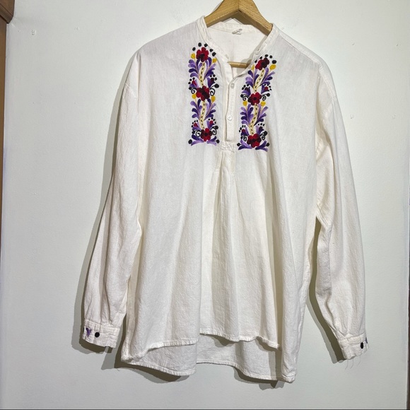 Vintage Floral Embroidered  Women's Long Sleeve Boho Minimalist 100% Cotton - Picture 3 of 9